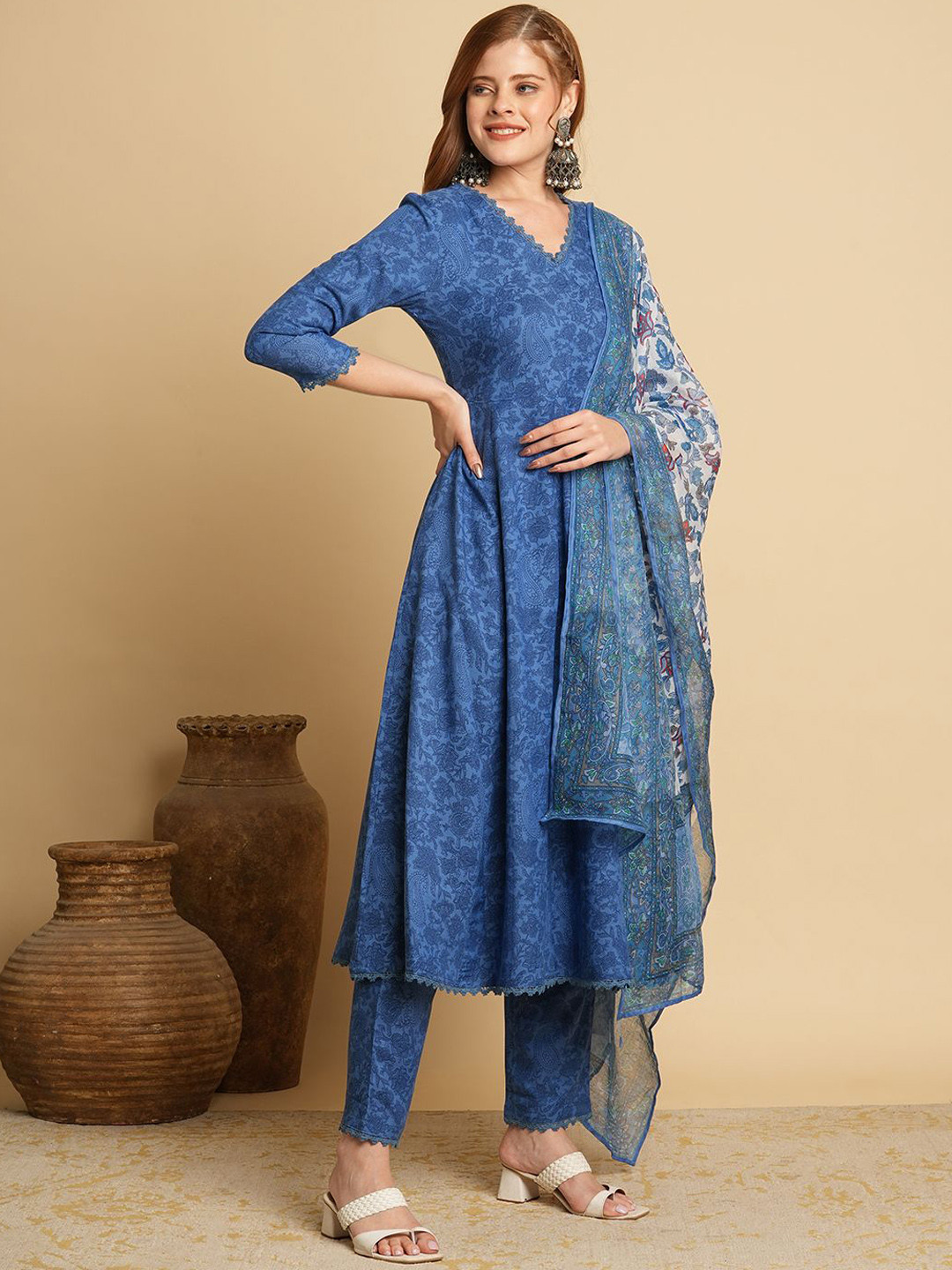 GoSriKi Floral Printed V-Neck Anarkali Kurta With Trousers & Dupatta