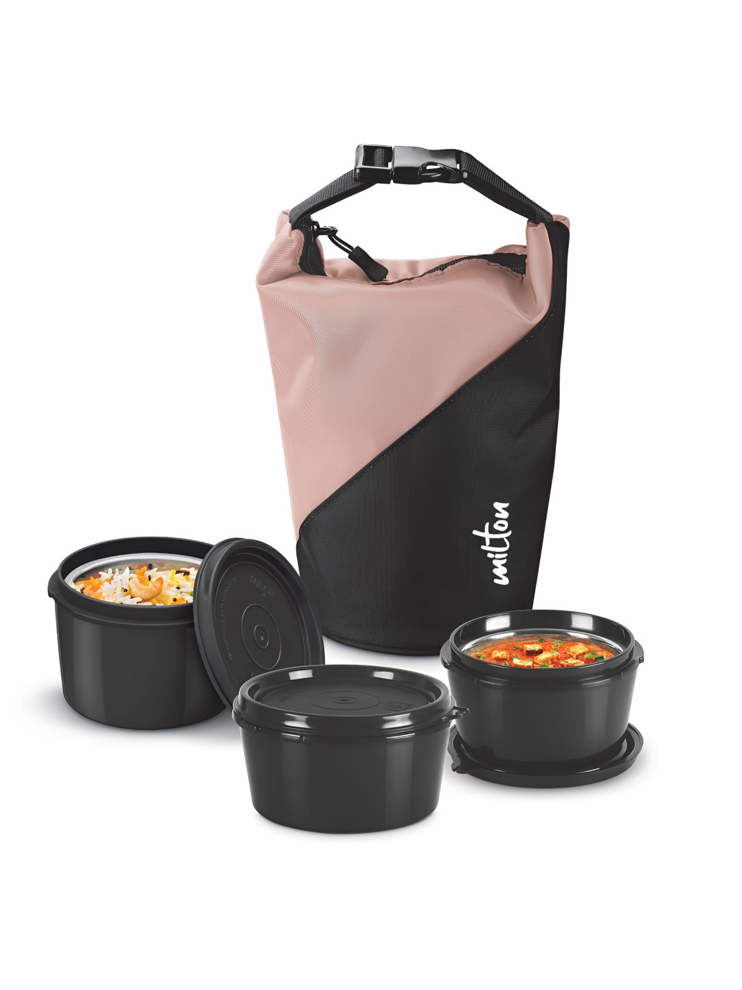 Milton Black & Pink 3 Pieces Micro Meal Mega Inner Steel Containers Lunch Box With Jacket