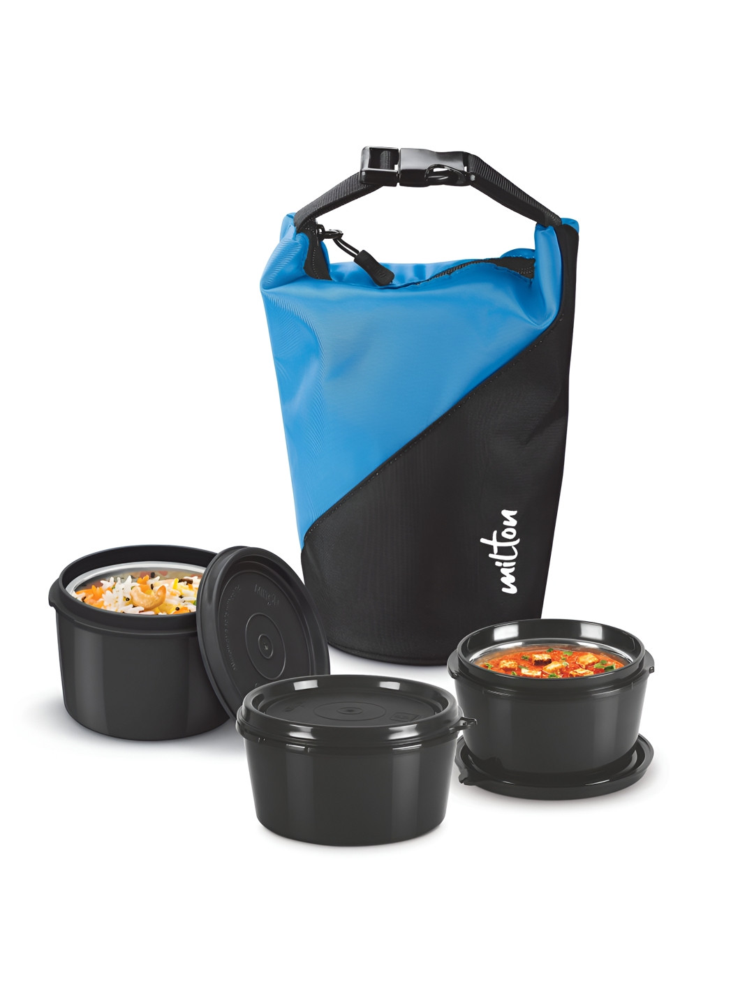 Milton Blue & Black 3 Pcs Micro Meal Mega Lunch Box Inner Steel Containers with Jacket