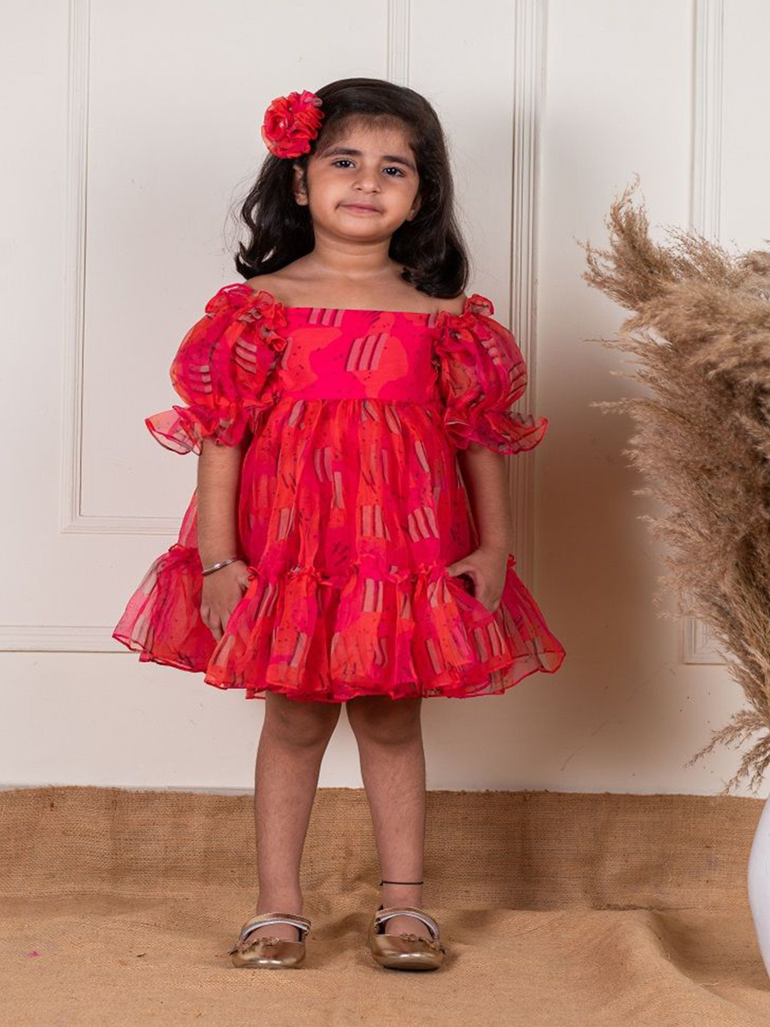 Li'l Angels Abstract Print Organza A-Line Dress