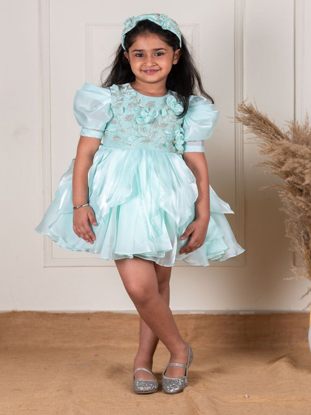 Li'l Angels Floral Puff Sleeve Satin A-Line Embroidery Dress