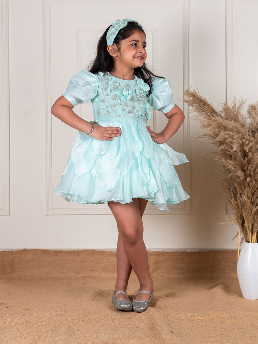 Li'l Angels Floral Puff Sleeve Satin A-Line Embroidery Dress