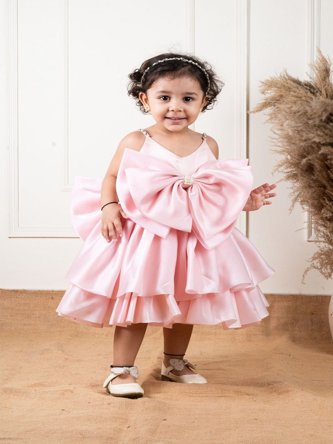 Li'l Angels Girls Shoulder Straps Satin Fit and Flare Dress With Bow Details