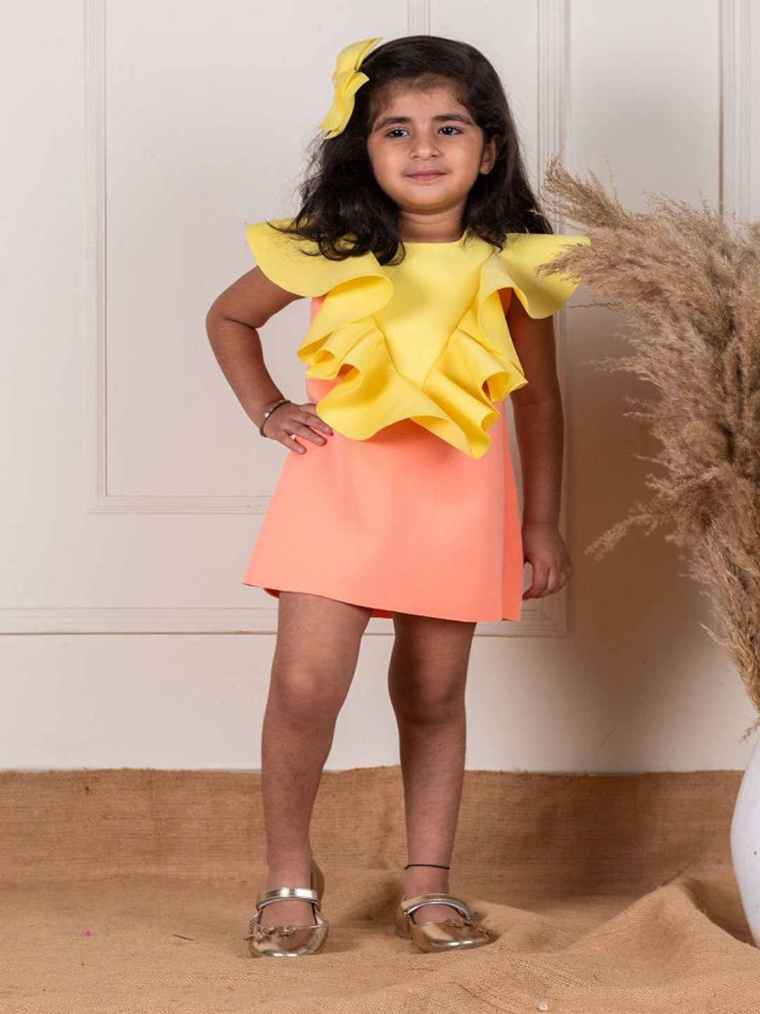 Li'l Angels Flutter Sleeve Scuba Ruffle A-Line Dress