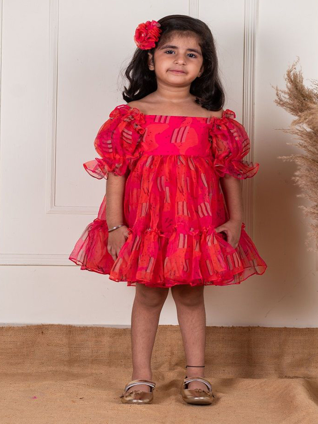 Li'l Angels Girls Puff Sleeves Printed A-Line Dress