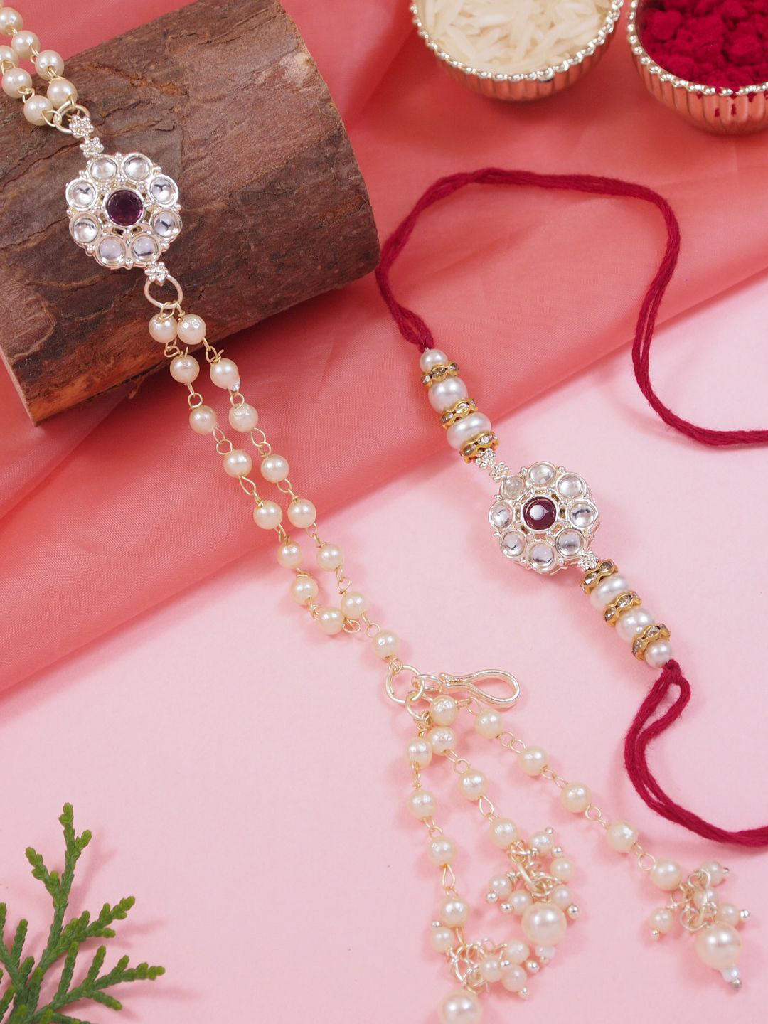 I Jewels Kundan Pearl Lumba Bhaiya Bhabhi Lumba Rakhi With Roli Rice & Greeting Card