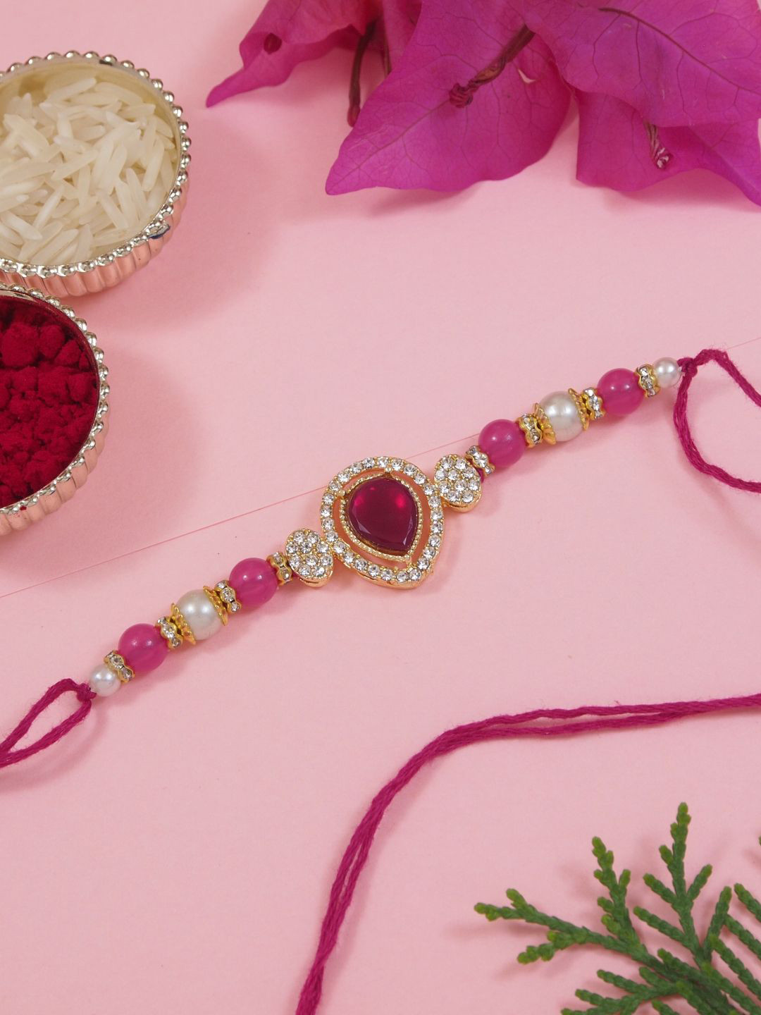 I Jewels Kundan Pearl Beaded Rakhi With Roli Rice & Greeting Card