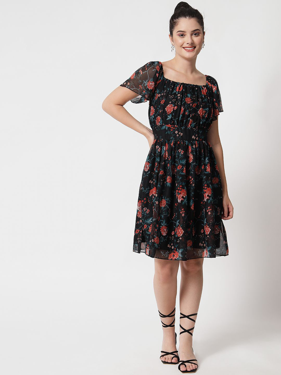 ARDITA Floral Print Chiffon Fit and Flare Dress