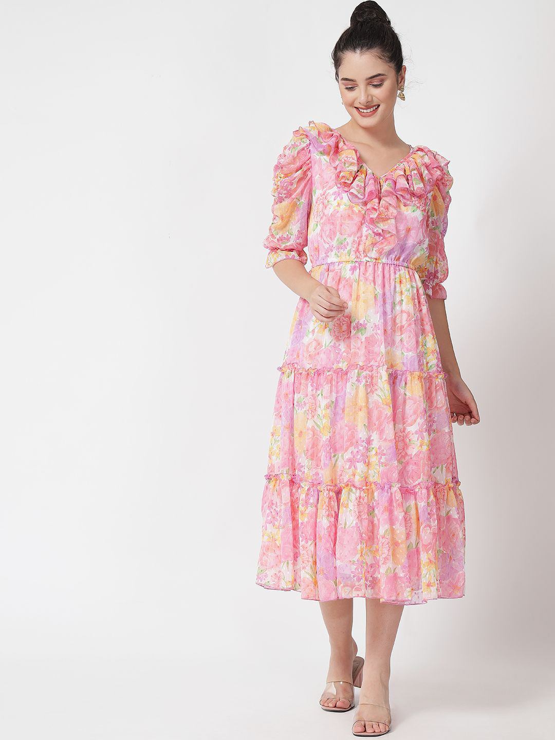 ARDITA Floral Print Ruffled Chiffon Fit and Flare Midi Dress