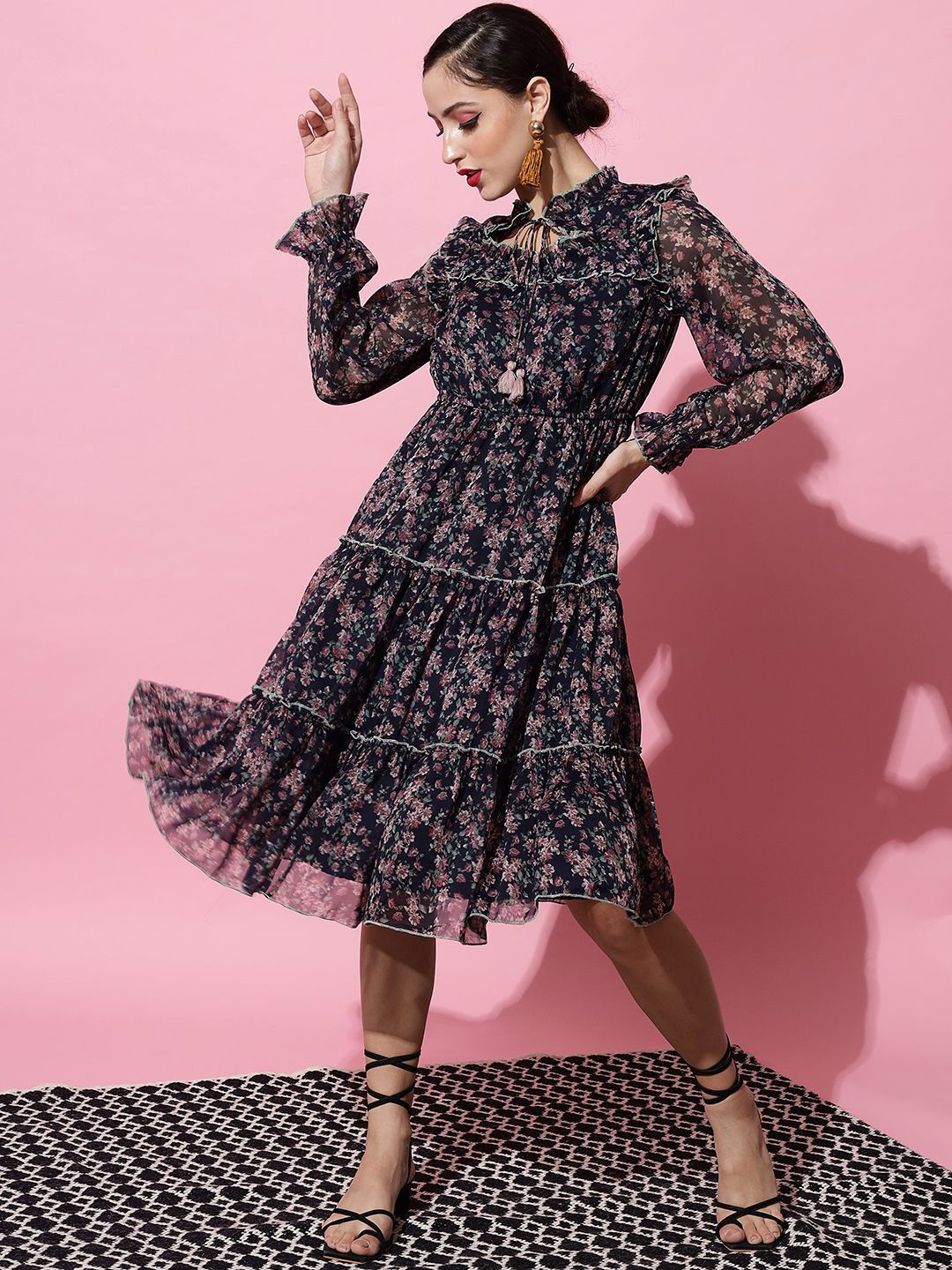 ARDITA Floral Print Tie-Up Neck Cuffed Sleeves Ruffled Chiffon Fit and Flare Dress