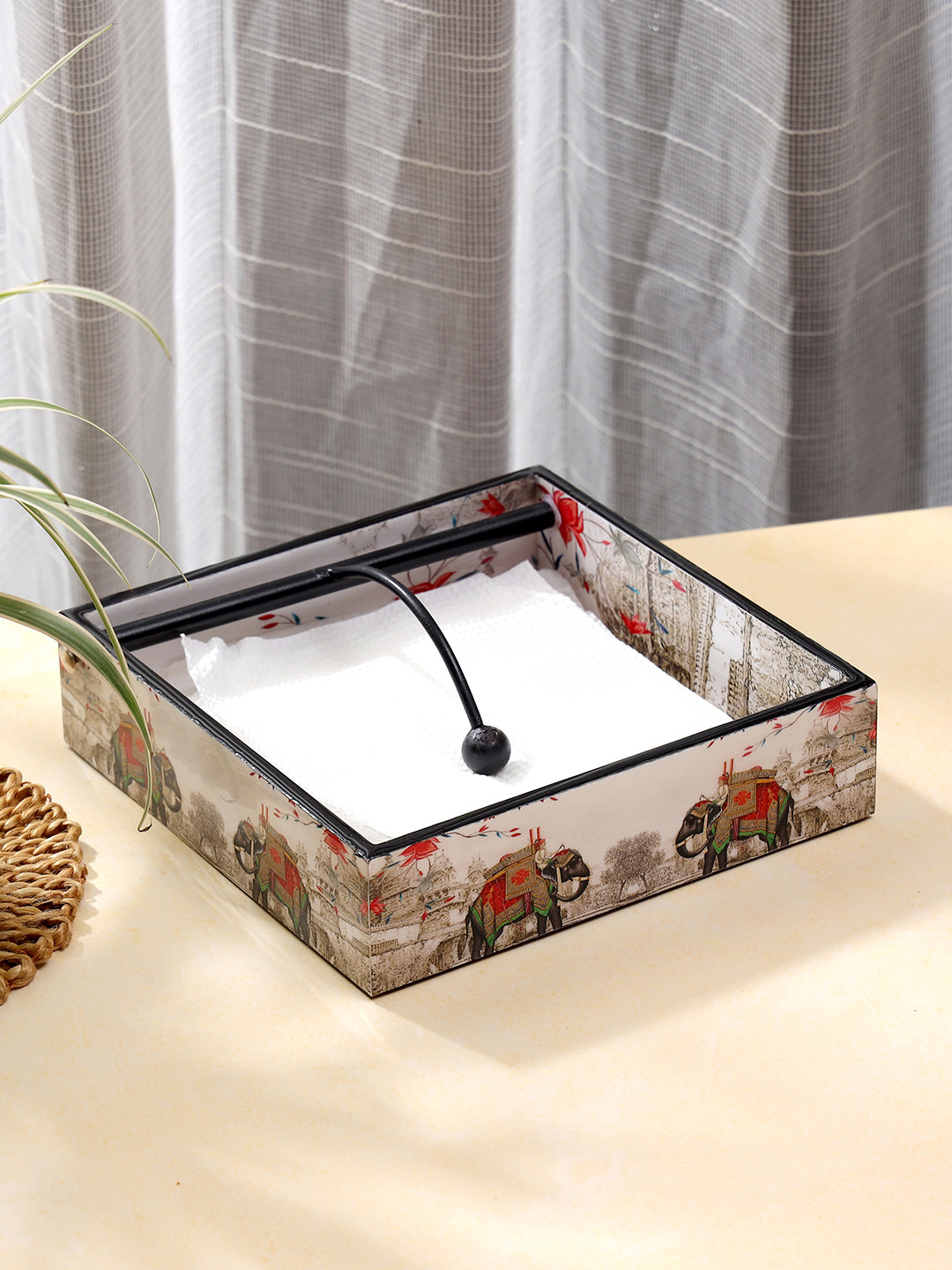 DULI White & Red Printed Wooden Tissue Holder