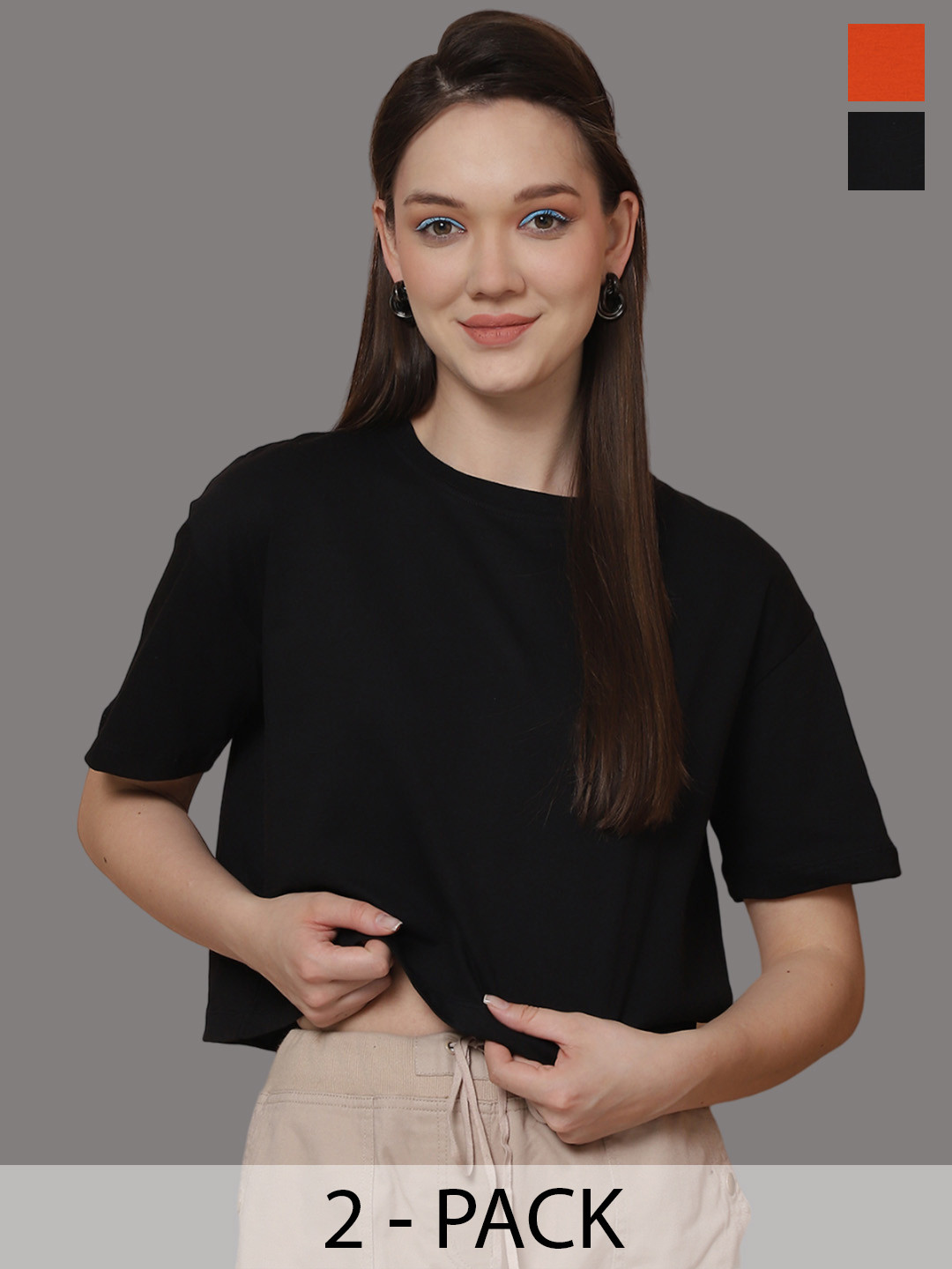 Friskers Women Pack Of 2 Solid Round Neck Oversized T-shirts