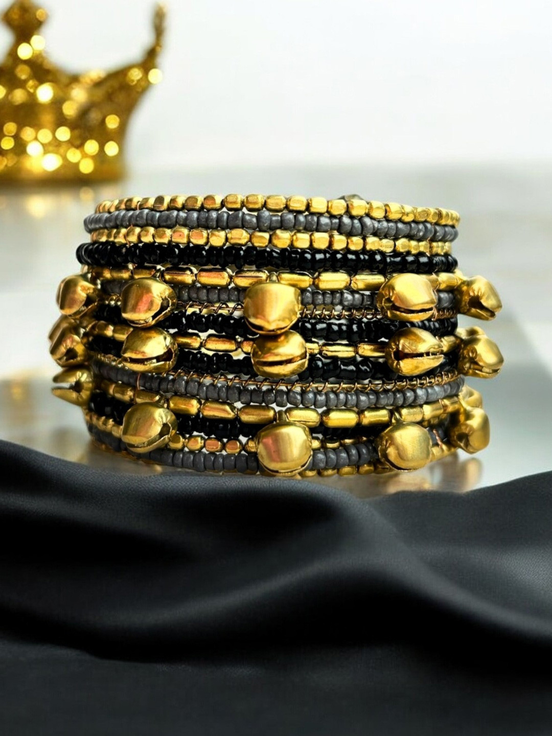 VIVAZS Women Gold-Plated Ghungroo Black Beads Studded Afghan Design Cuff Bracelet