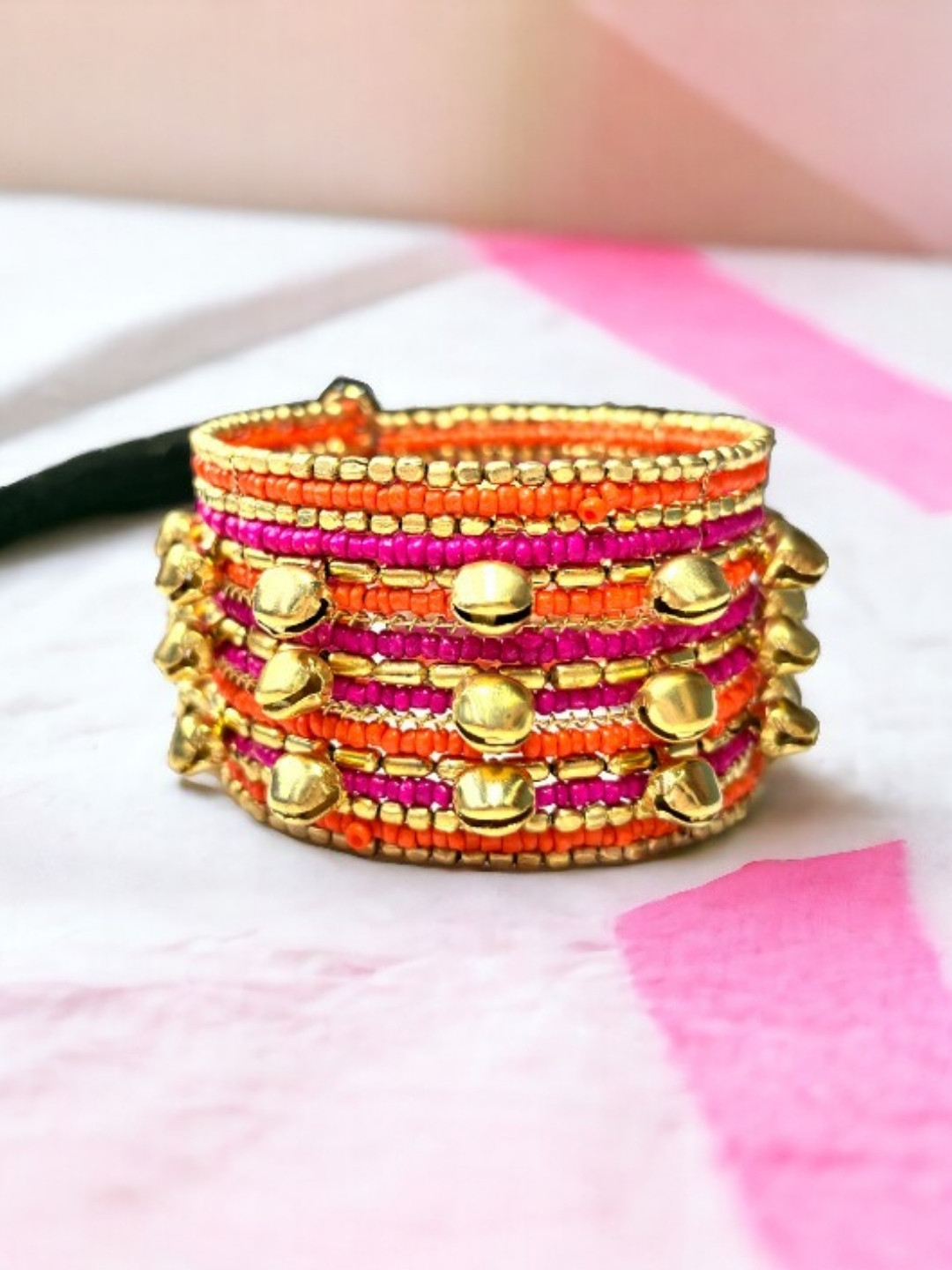 VIVAZS Gold-Plated Pink & Orange German Gungroo Cuff Bracelet