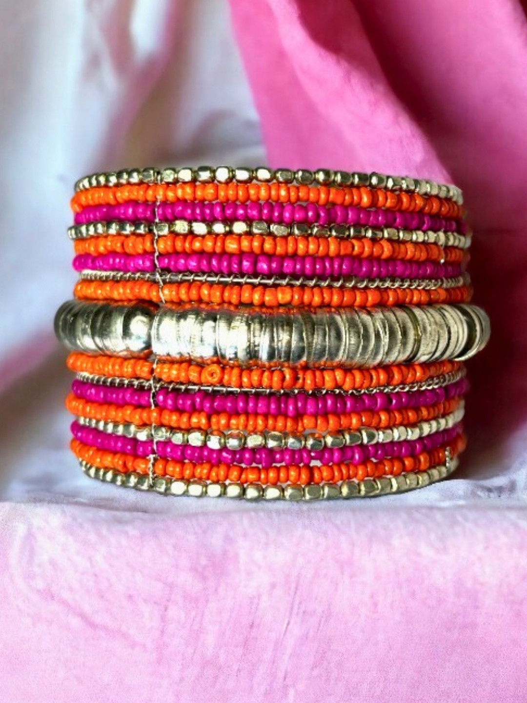 VIVAZS Silver Plated Pink & Orange German Cuff Bracelet