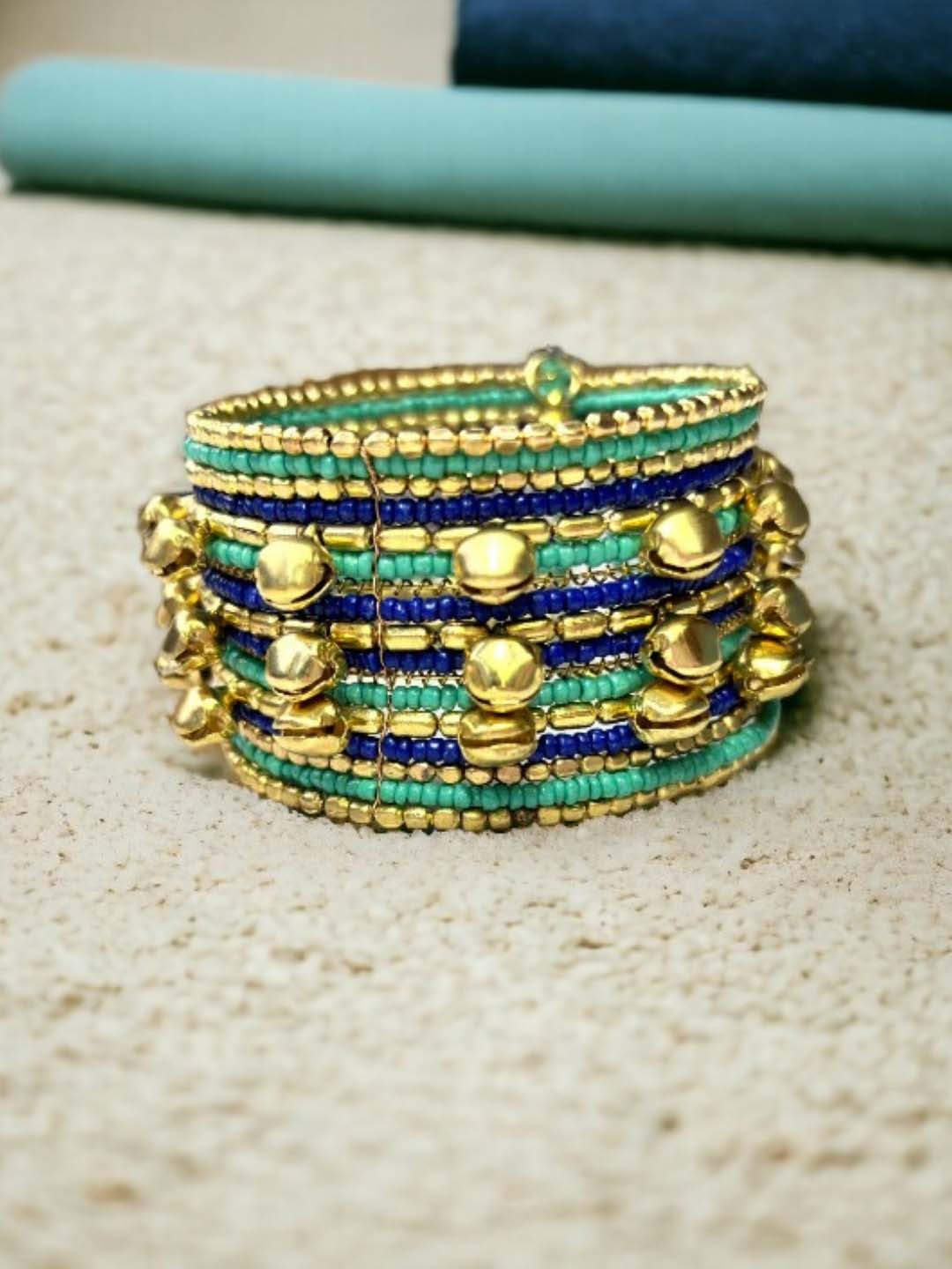 VIVAZS Blue & Green Gold Plated Ghungroo Beads Studded Afghan Design Cuff Bracelet
