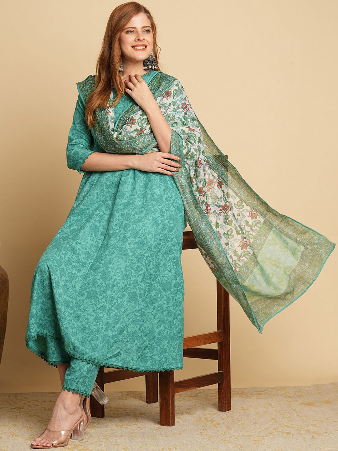 Anni Designer Floral Printed Anarkali Kurta With Trouser & Dupatta