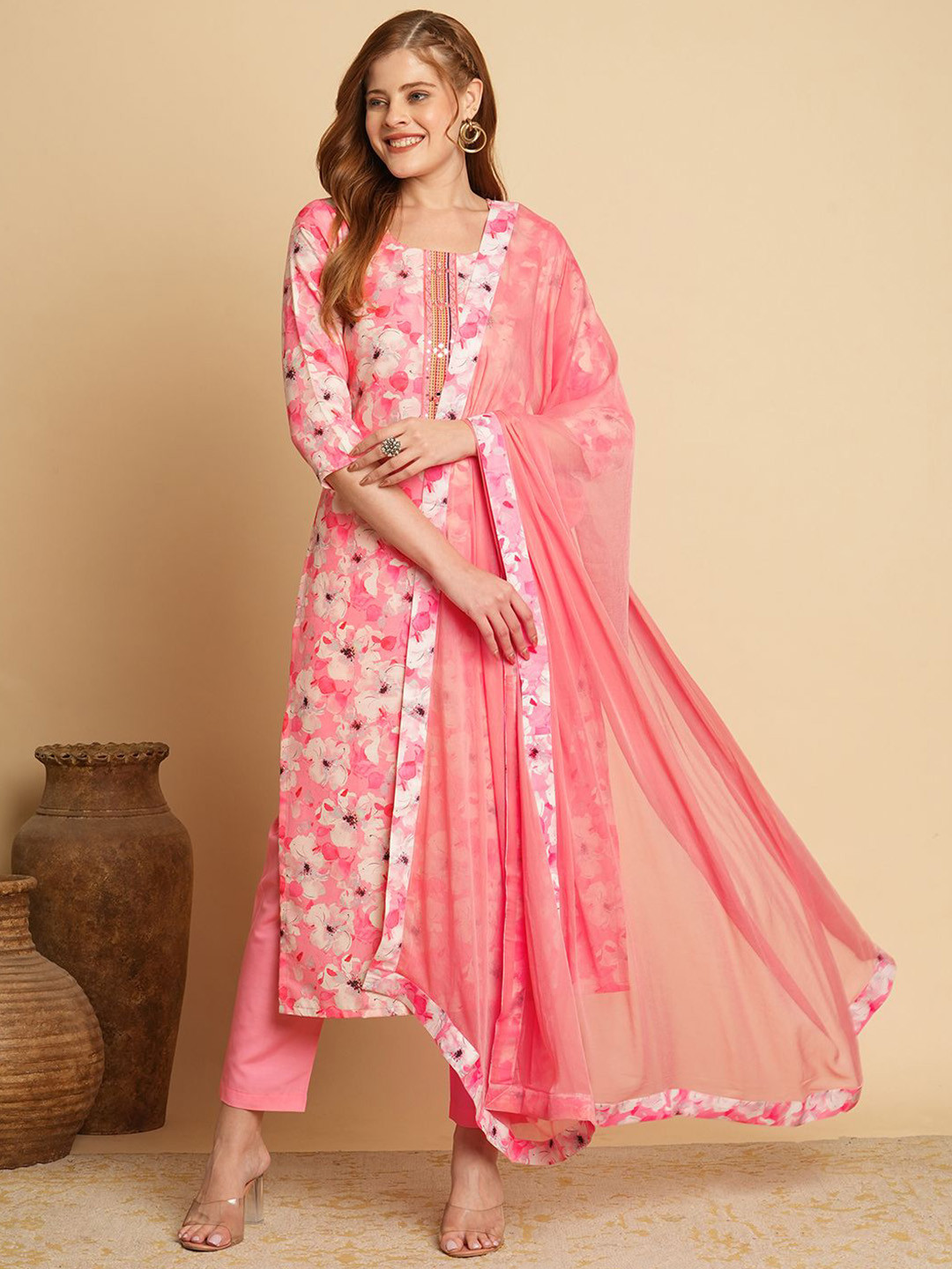 Anni Designer Floral Printed Beads and Stones Straight Kurta With Trousers & Dupatta