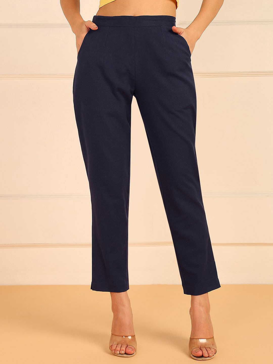 BLOCKS OF INDIA Women Original Regular Fit Mid-Rise Cotton Flat-Front Trousers