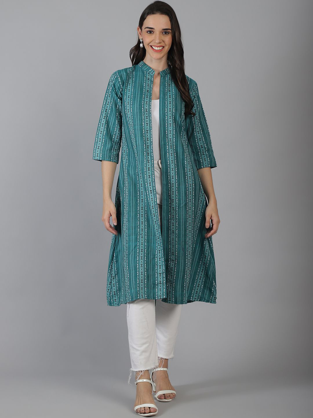 Enchanted Drapes Printed Mandarin Collar Open Front Pure Cotton Longline Shrug