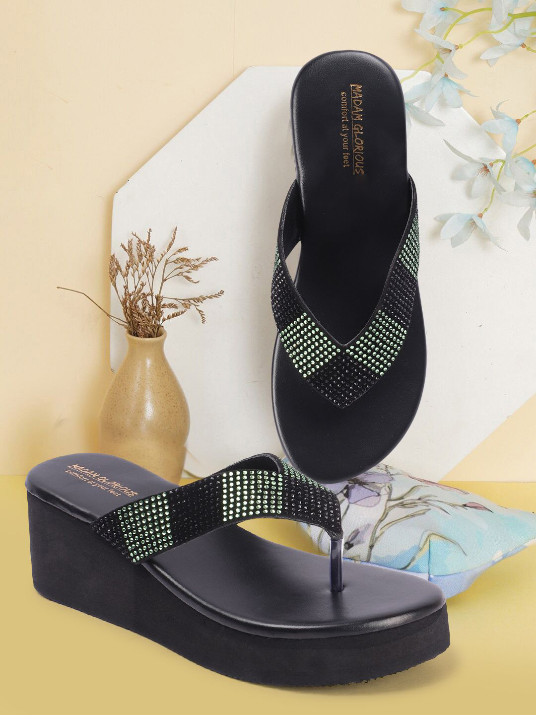 madam glorious Embellished Open Toe Wedge Heels