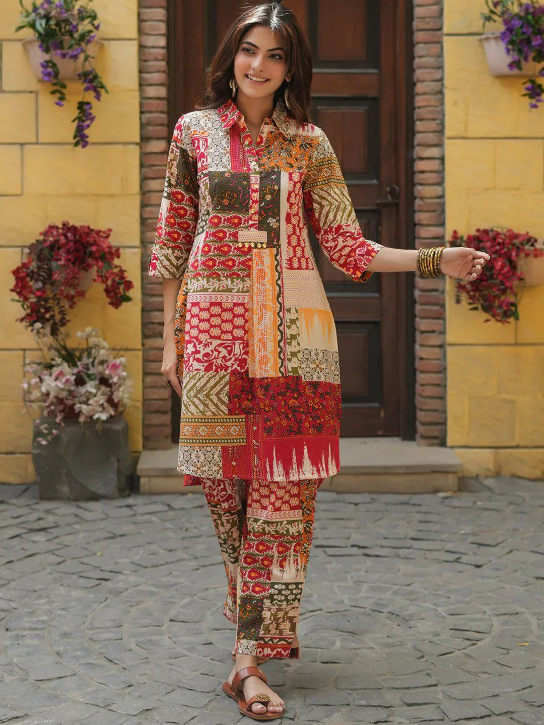 NAINVISH Printed Shirt Collar Three Quarter Sleeve Tunic & Trouser
