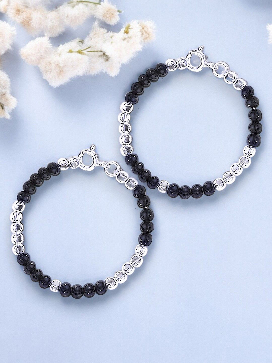 Taraash Kids Set Of 2 925 Sterling Silver Silver-Plated Beaded Nazariya Link Bracelets