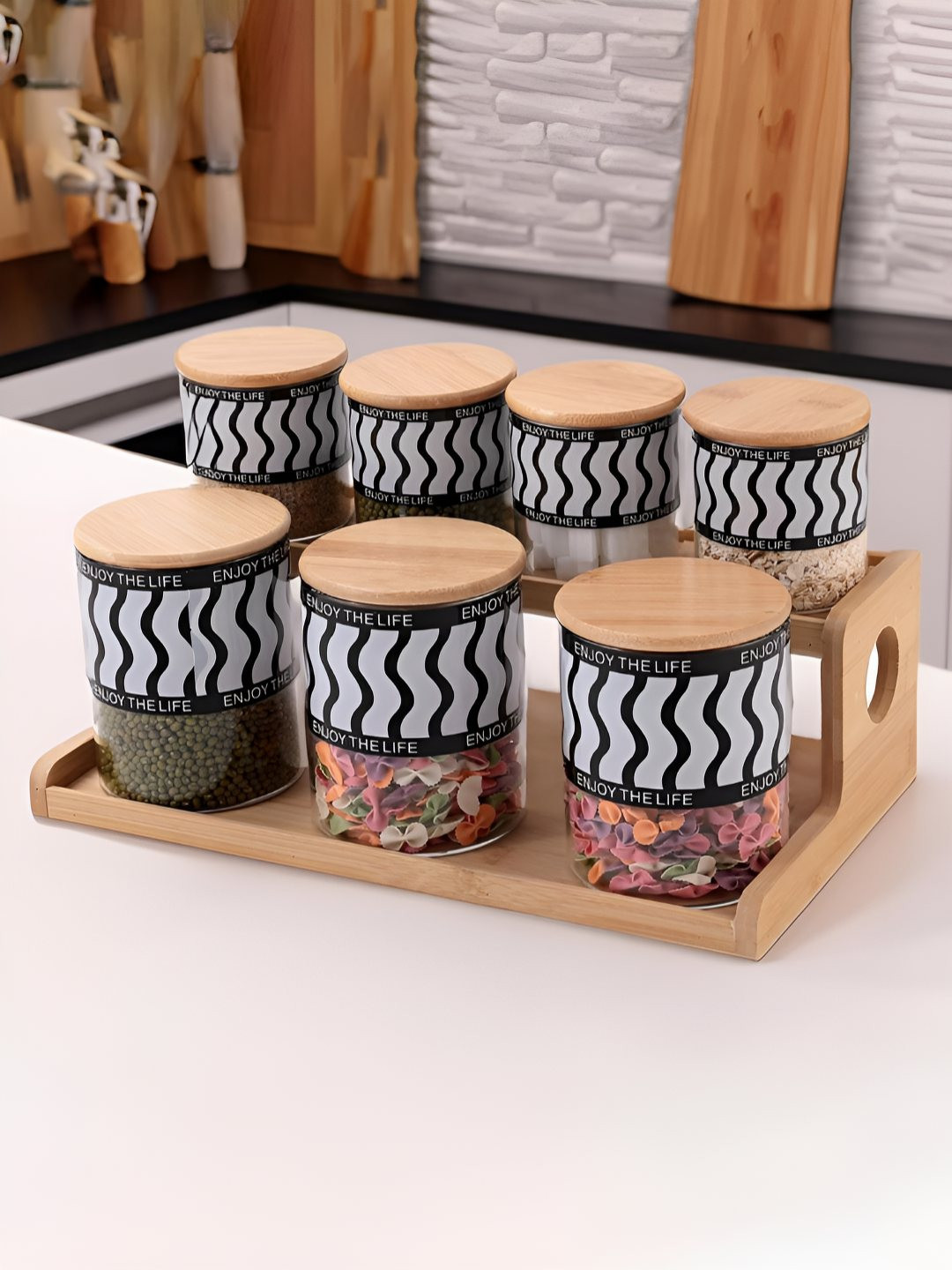 Kuber industries Transparent Chevron Borosilicate Glass Air Tight 7 Piece Screw Top Canister