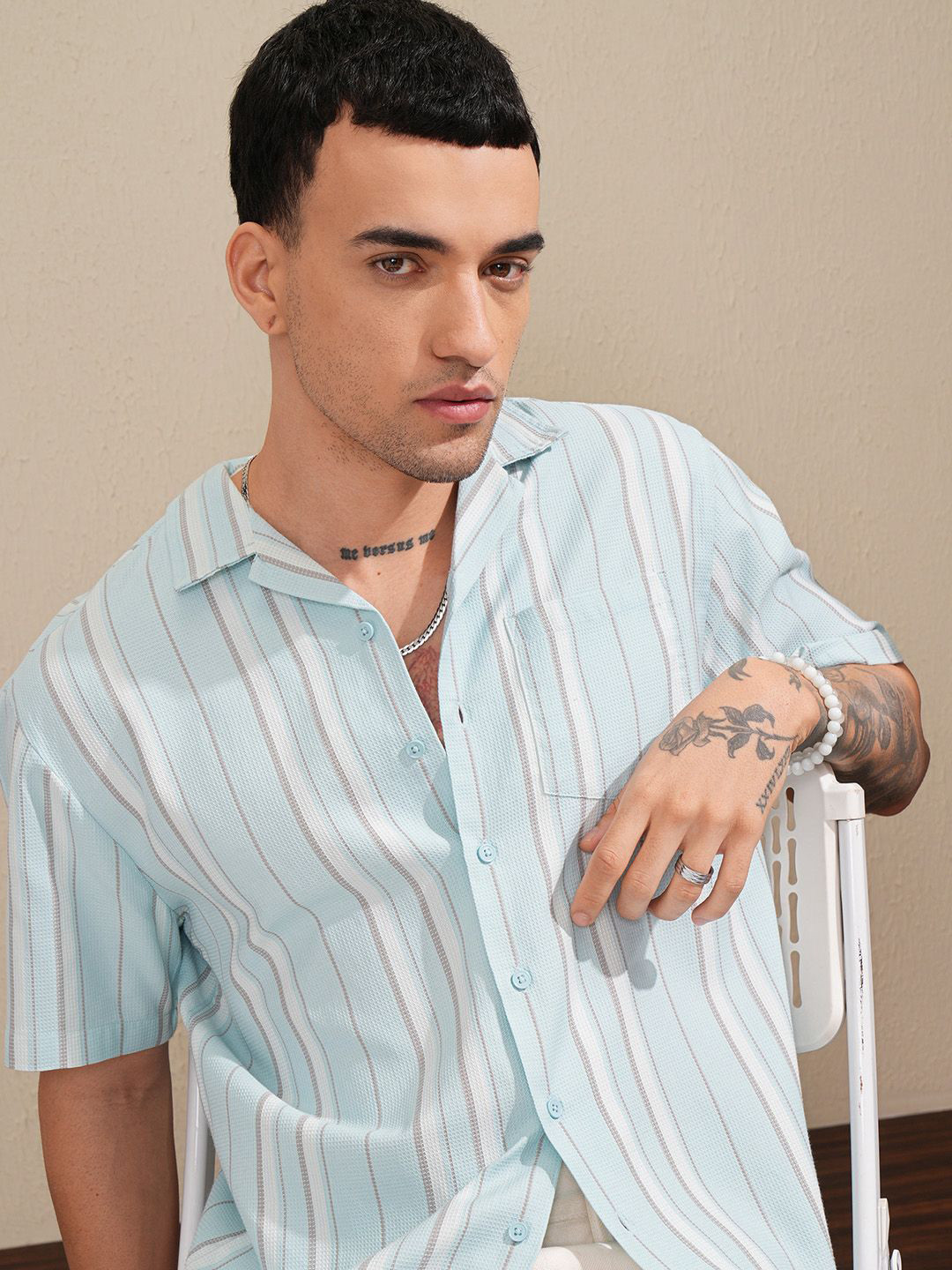 HIGHLANDER Men Mini Waffle Dobby Textured Striped Cuban Collar Relaxed Shirt