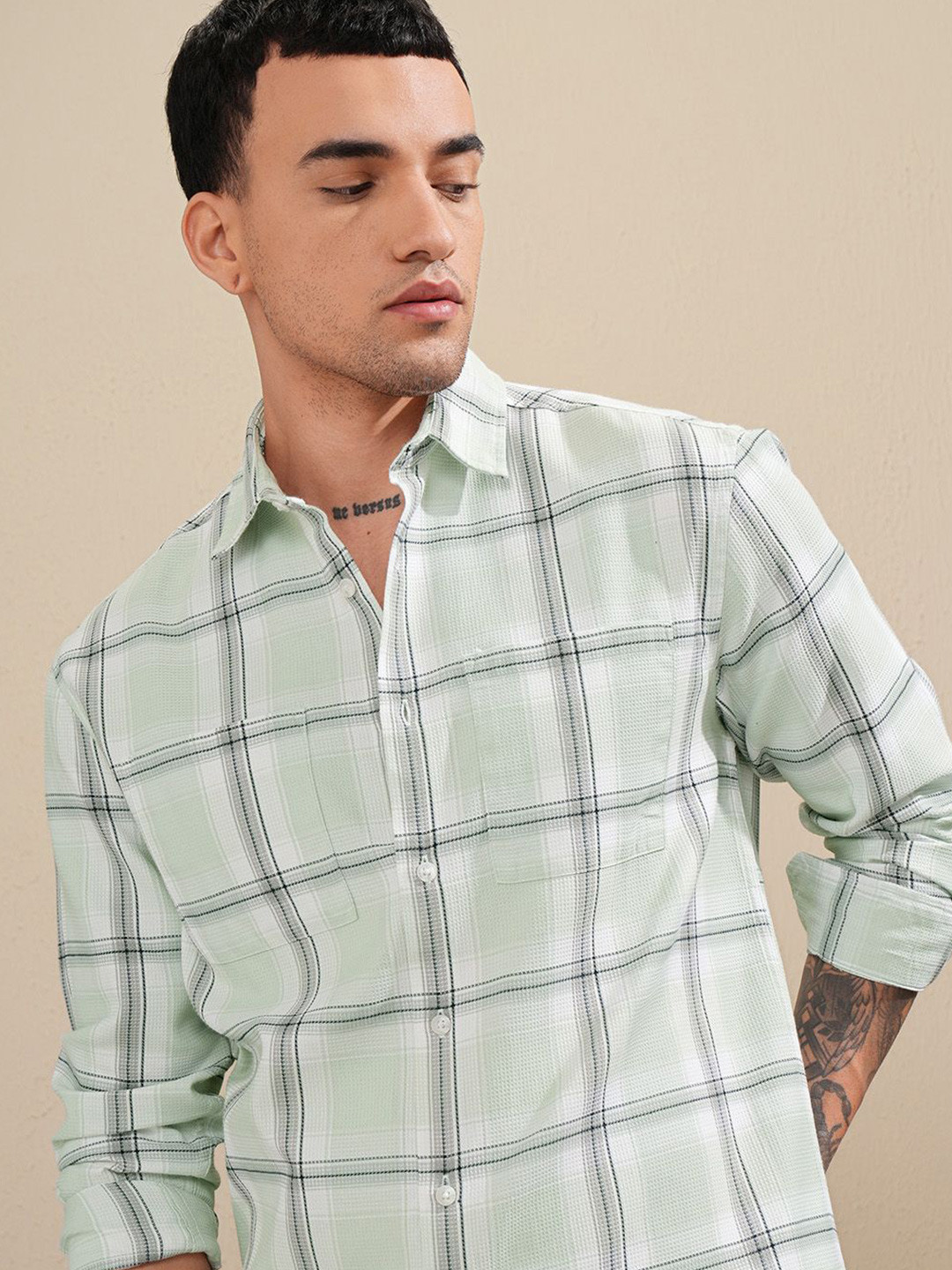 HIGHLANDER Men Dobby Textured Checked Stylised Pocket Relaxed Shirt
