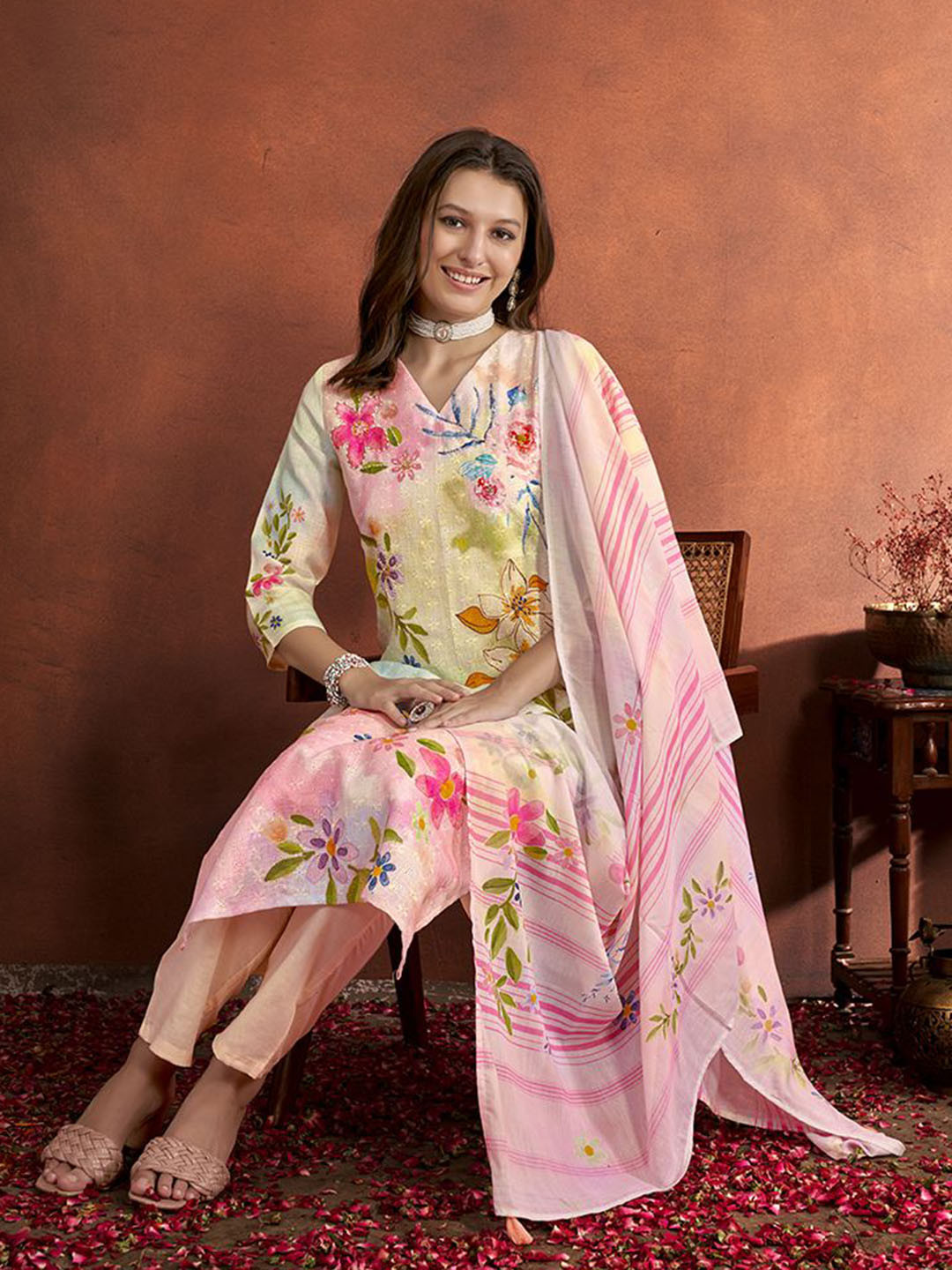 Anouk Green Embroidered Straight Beads & Stones Linen Kurta with Trousers & Dupatta