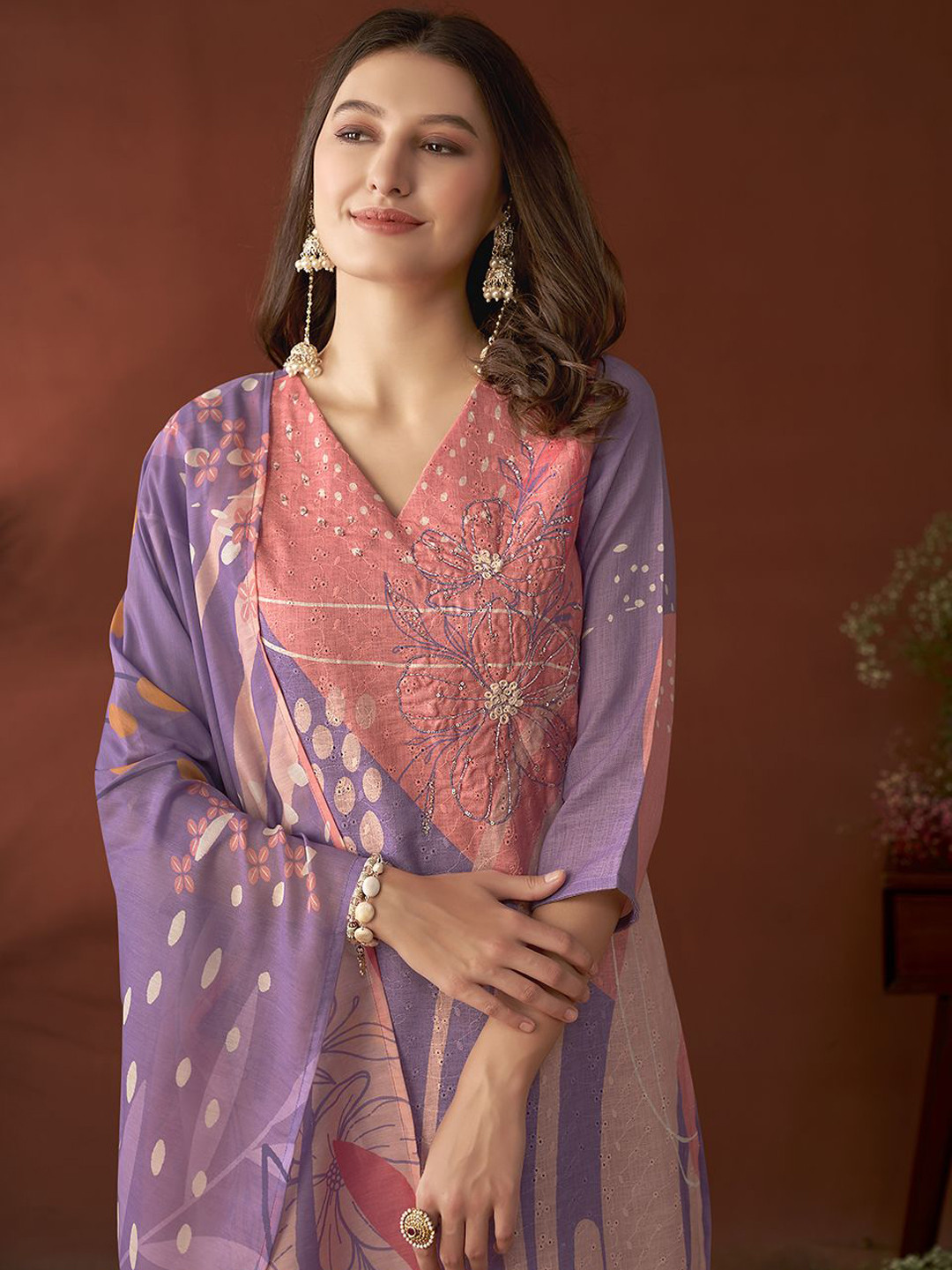Anouk Lavender Floral Embroidered Beads & Stones Linen Kurta with Trousers & Dupatta
