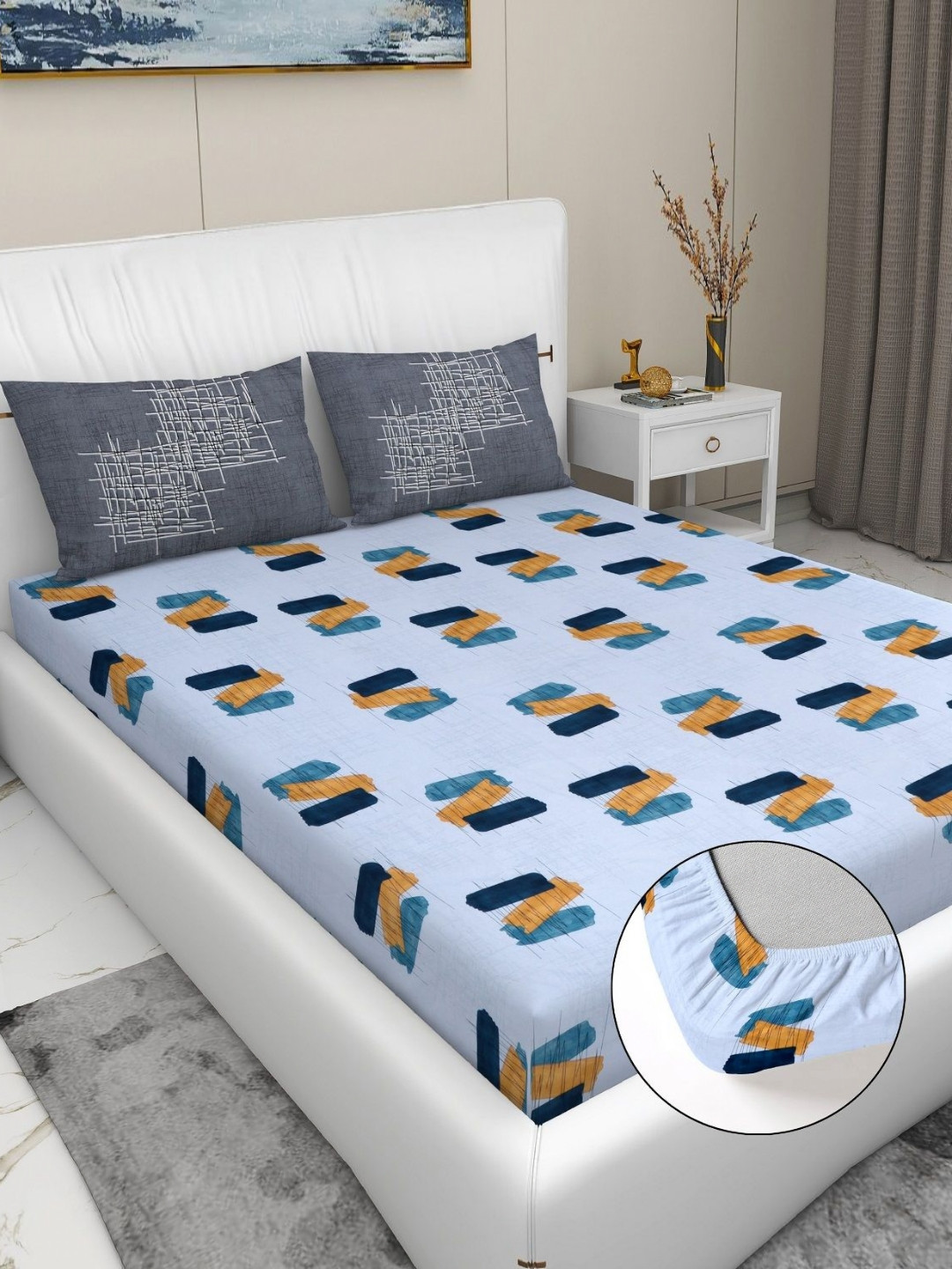 RD TREND Blue Abstract Pure Cotton 210 TC Fitted King Superfine Bedsheet with 2 Pillow Covers-198 x 187 x 30 cm