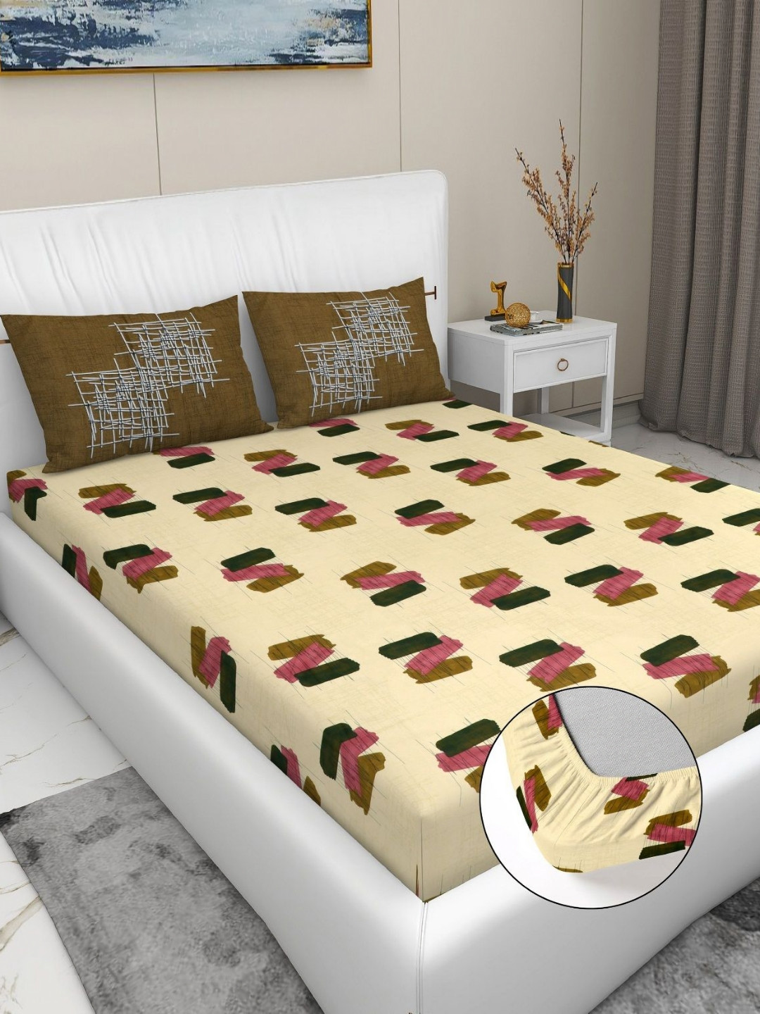 RD TREND Lime Green Abstract Pure Cotton 210 TC Fitted King Superfine Bedsheet with 2 Pillow Covers-78 x 74 inches