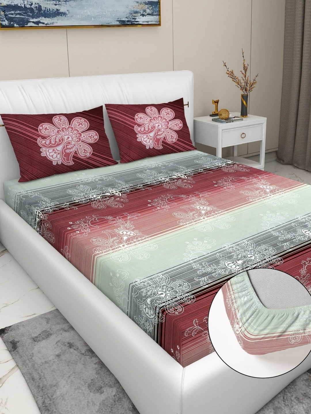 RD TREND Mroon & Green Printed 210 TC Pure Cotton Fitted King Bedsheet & 2 Pillow Covers