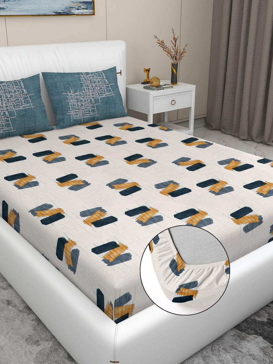 RD TREND Off White Abstract Pure Cotton 210 TC Fitted King Superfine Bedsheet with 2 Pillow Covers-78 x 74 inches