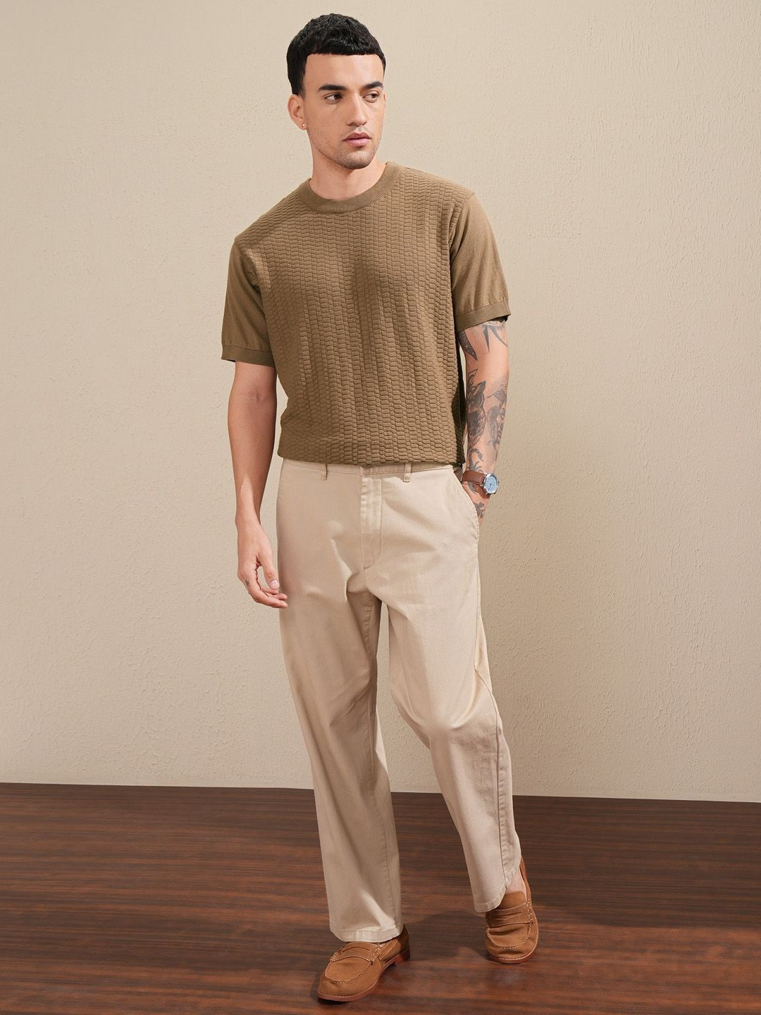 HIGHLANDER Men Knitted Self Design Relaxed Fit Tshirt