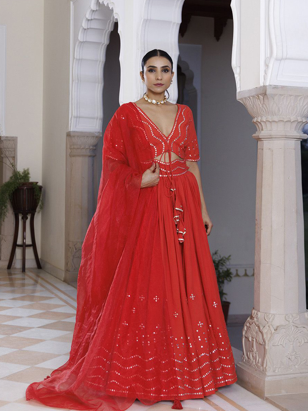 Ragavi Embellished Mirror Work Ready Cotton to Wear Lehenga & Blouse With Dupatta