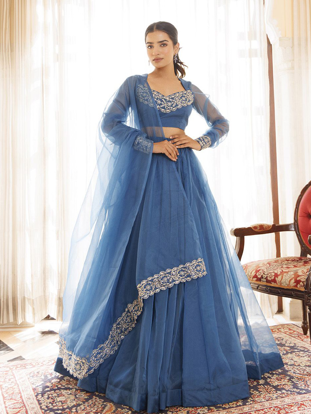 Ragavi Floral Embroidered Organza Ready to Wear Lehenga & Blouse With Dupatta