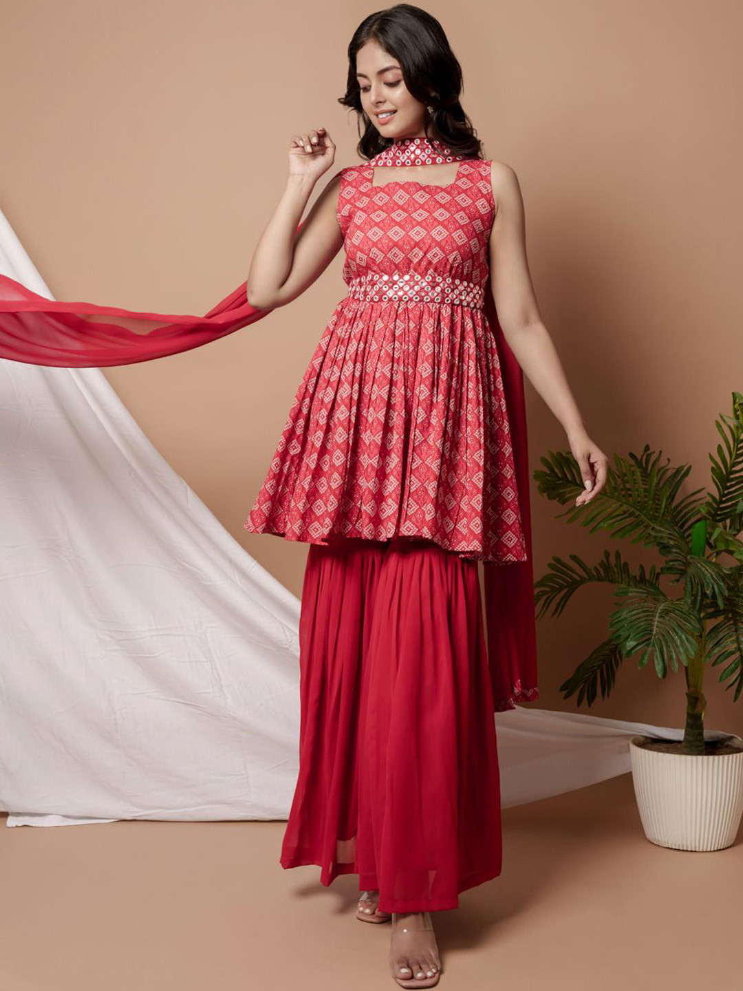 WEAVLLITE Bandhani Printed Pleated Square Neck Mirror Work Kurta with Sharara & Dupatta