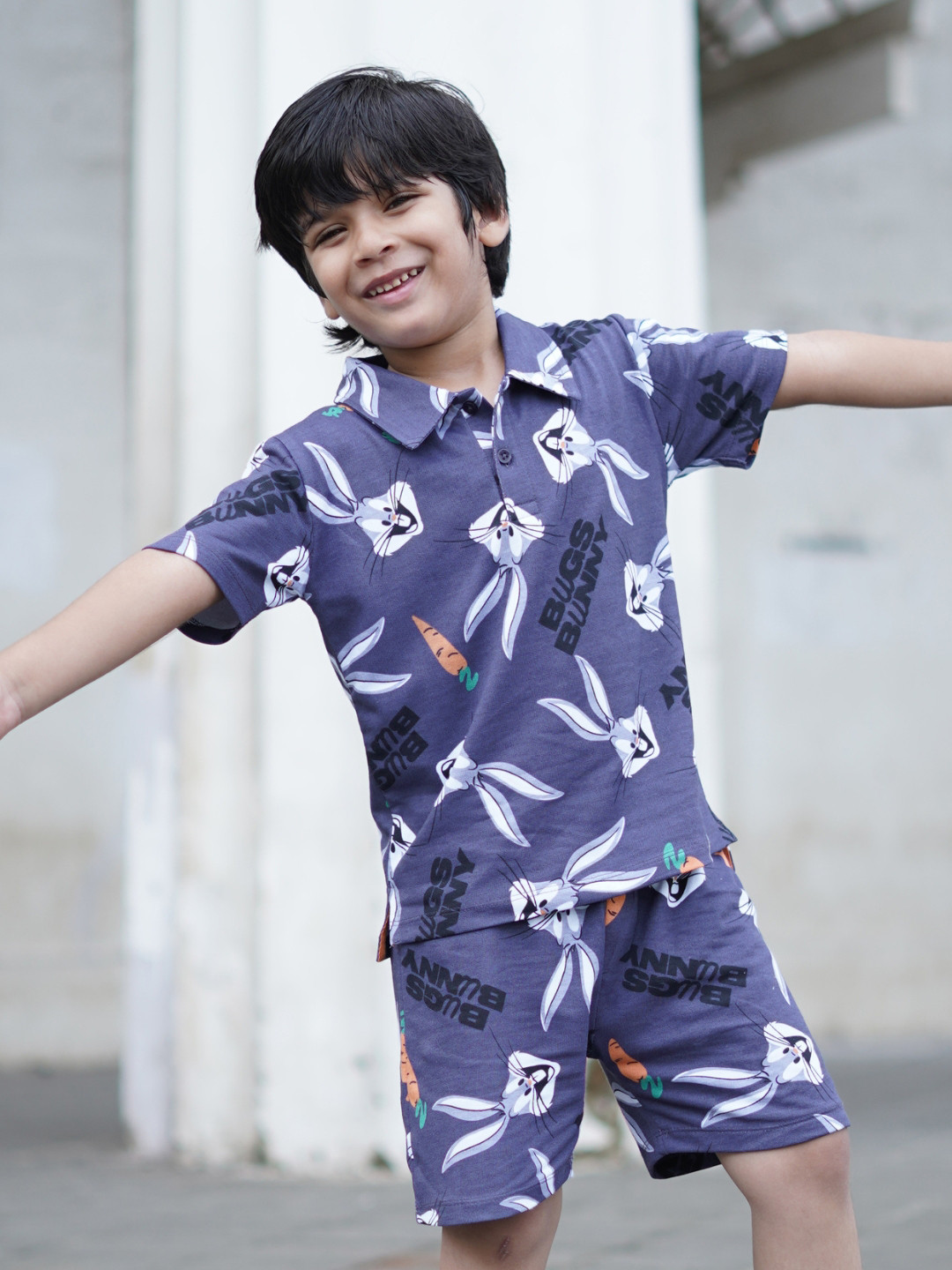 Kids Unisex Bugs Bunny Printed Polo Collar Pure Cotton T-shirt with Shorts
