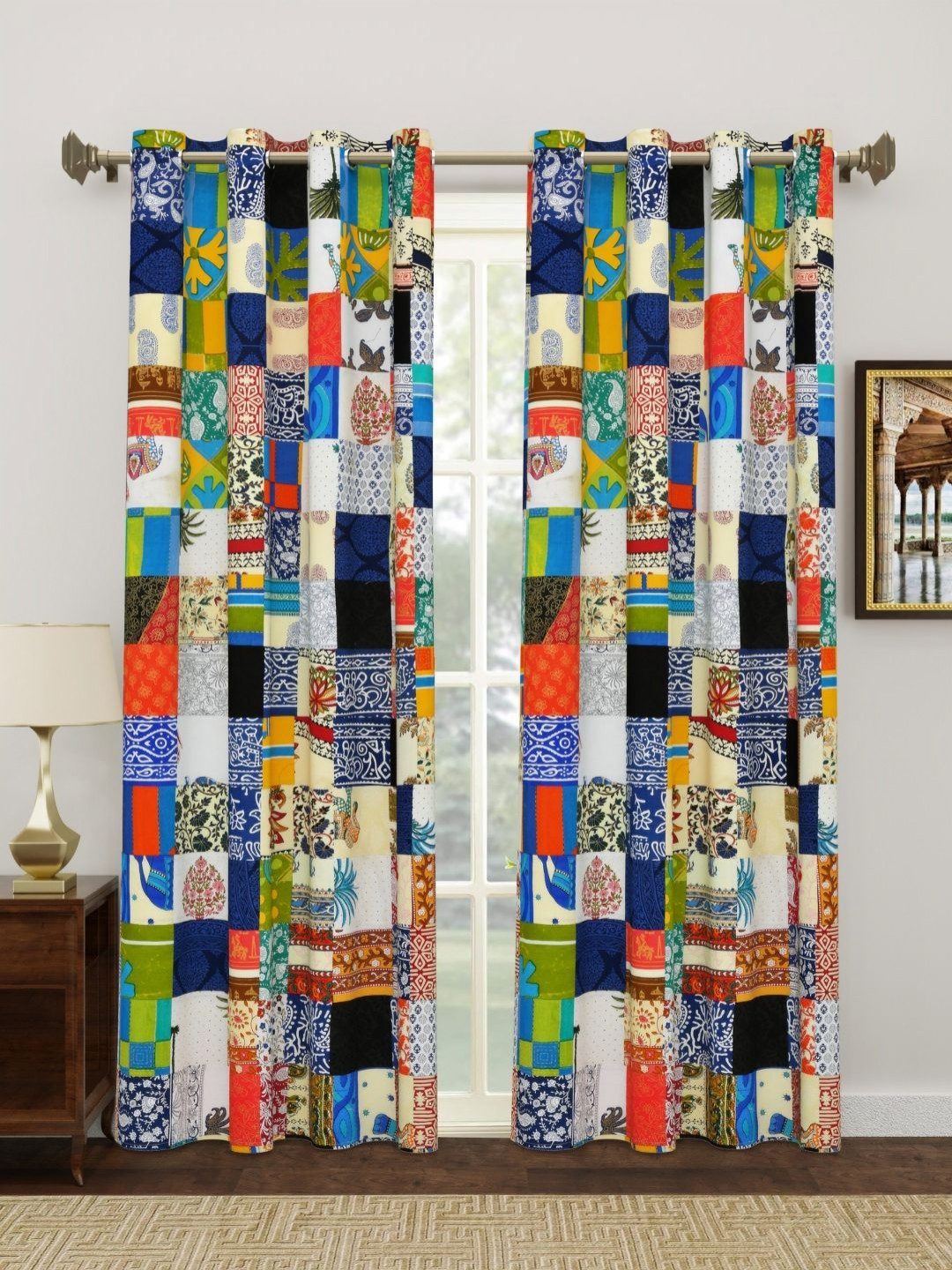 The Craft Monk Blue & Red 2 Pieces Abstract Printed Cotton Door Curtain