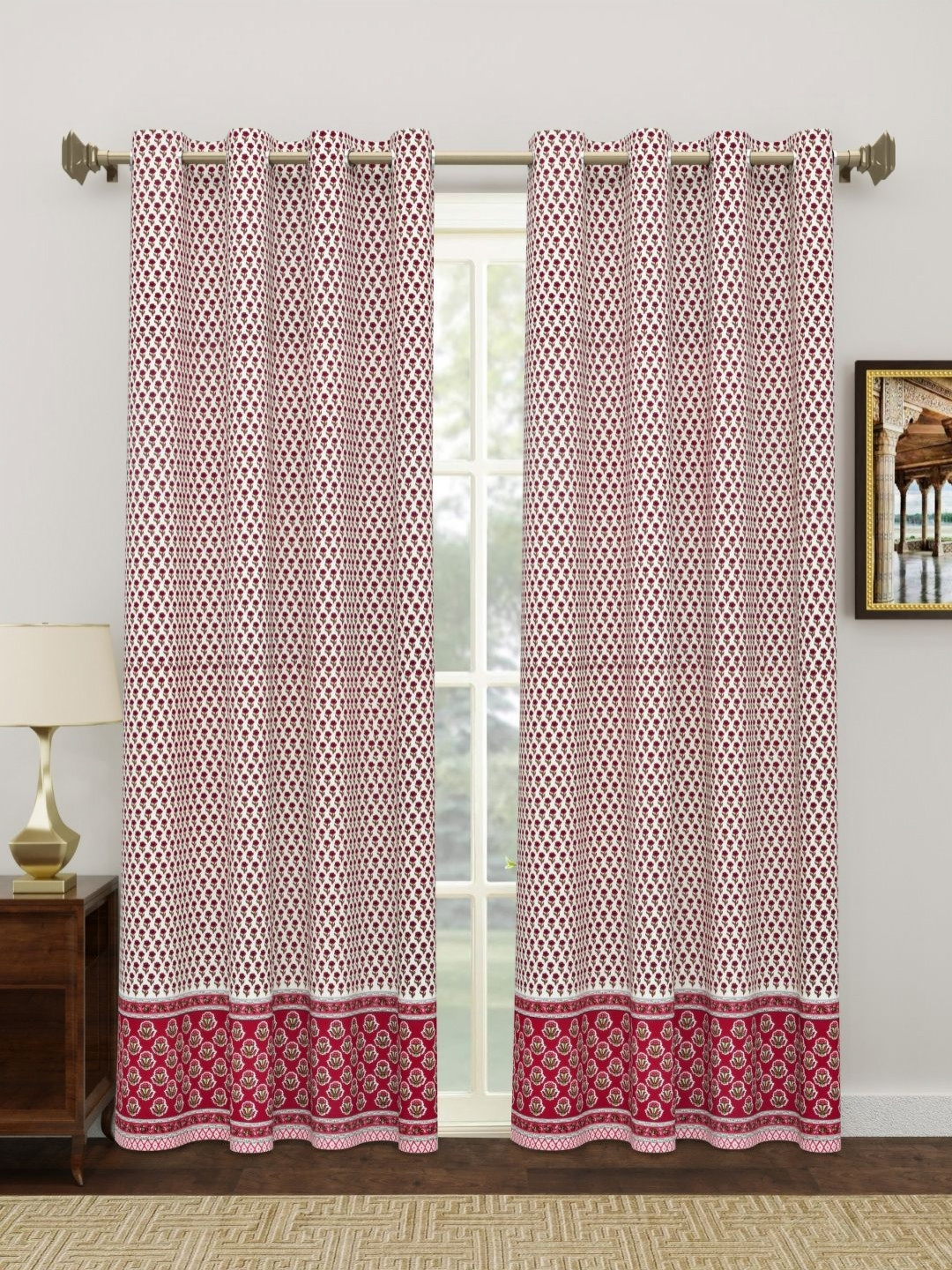 The Craft Monk White & Pink 2 Pieces Ethnic Motifs Cotton Door Curtain