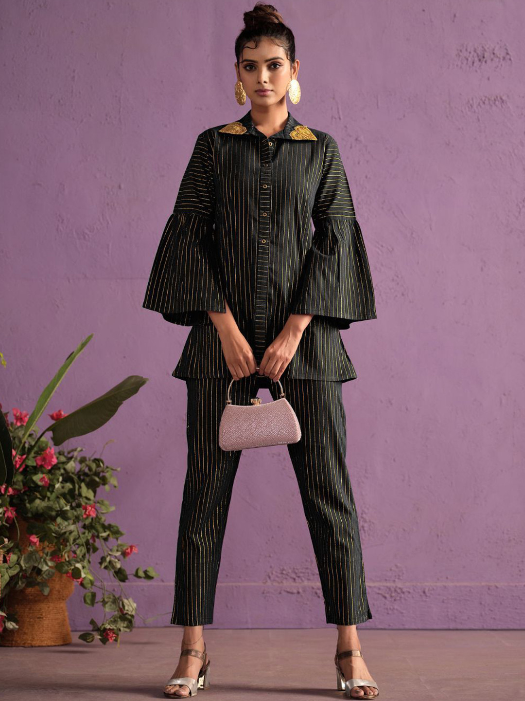 Sangria X fwd Black Striped Striped Embroidered Bell Sleeves Tunic With Trousers