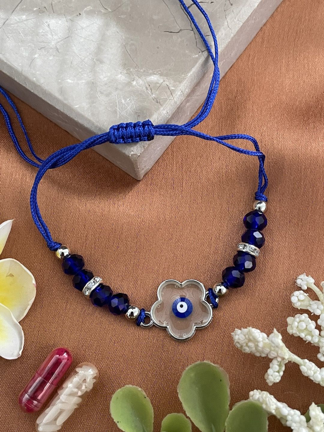 Digital Dress Room Enamel Evil Eye & Flower Beaded Wraparound Rakhi