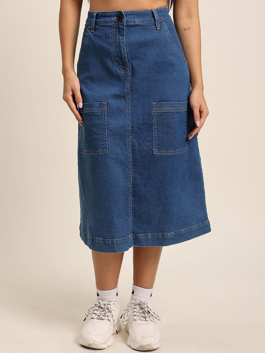 Bene Kleed Pure Cotton High Rise Denim Cargo Skirt