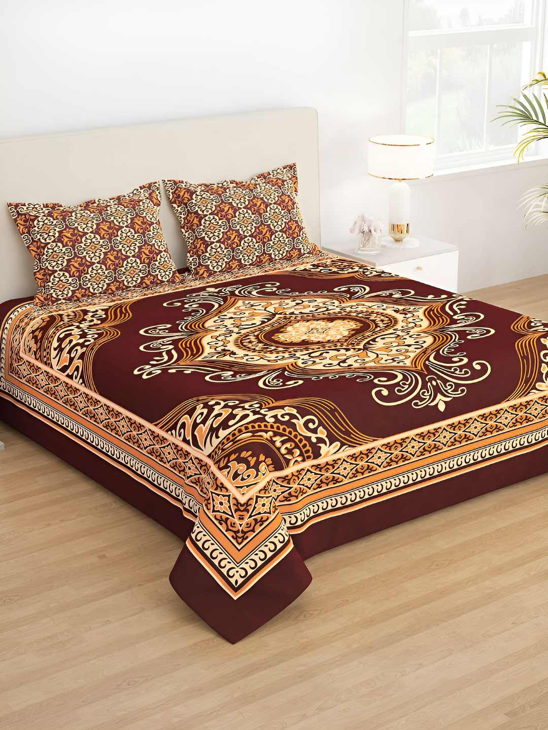 Story@home Arena Brown Ethnic Motifs Microfiber 210 TC Queen Fine Bedsheet with 2 Pillow Covers-89 x 98 inches