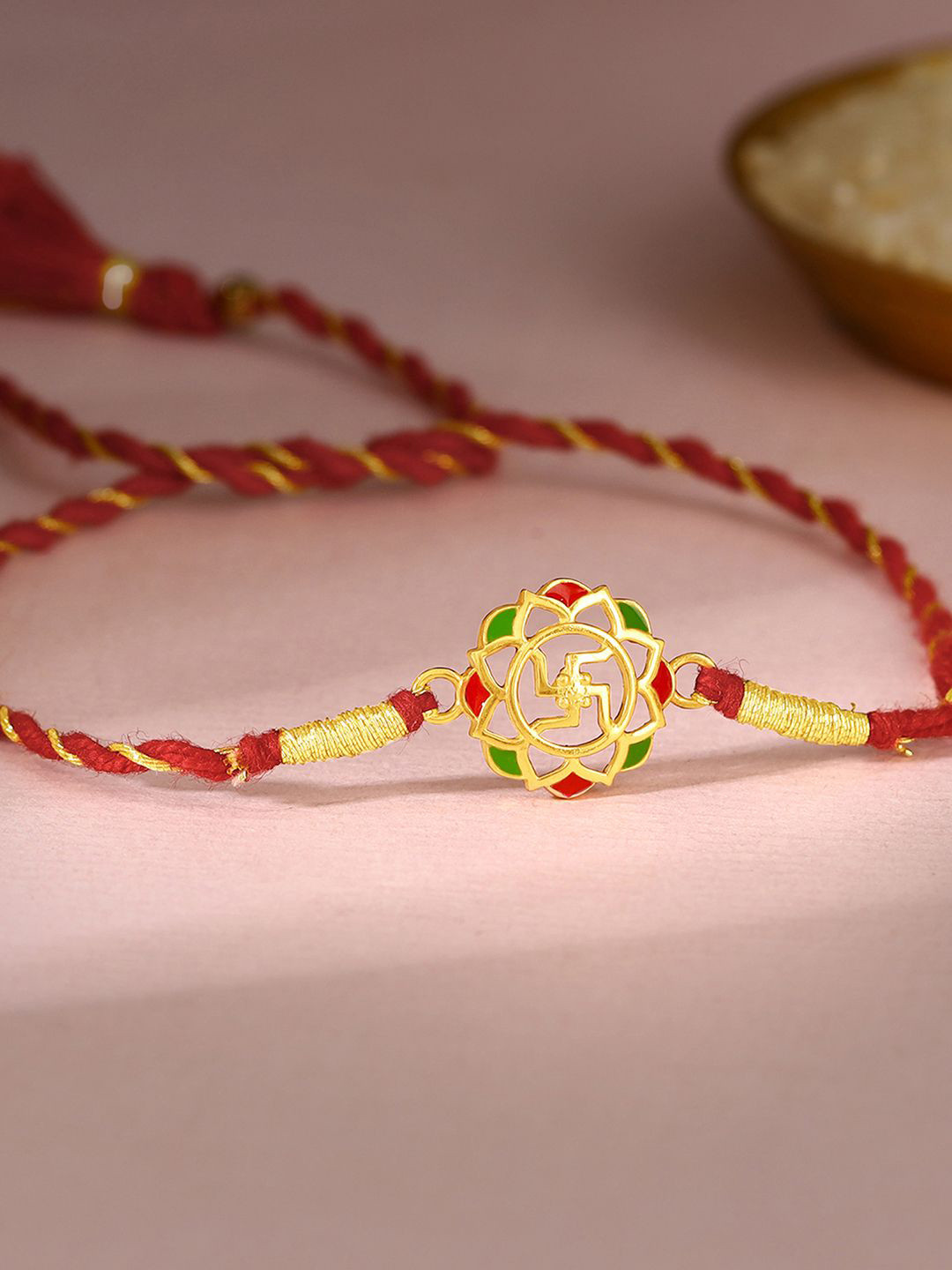 GIVA 925 Silver Gold Plated Classic Swastik Rakhi With Roli Chawal