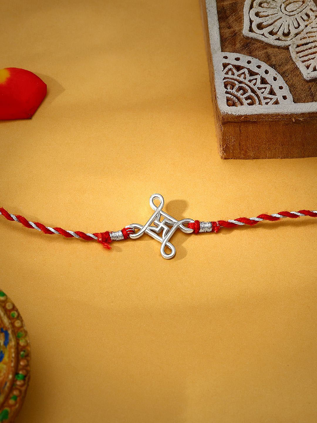 GIVA 925 Silver Minimal Swastika Rakhi With Roli Chawal