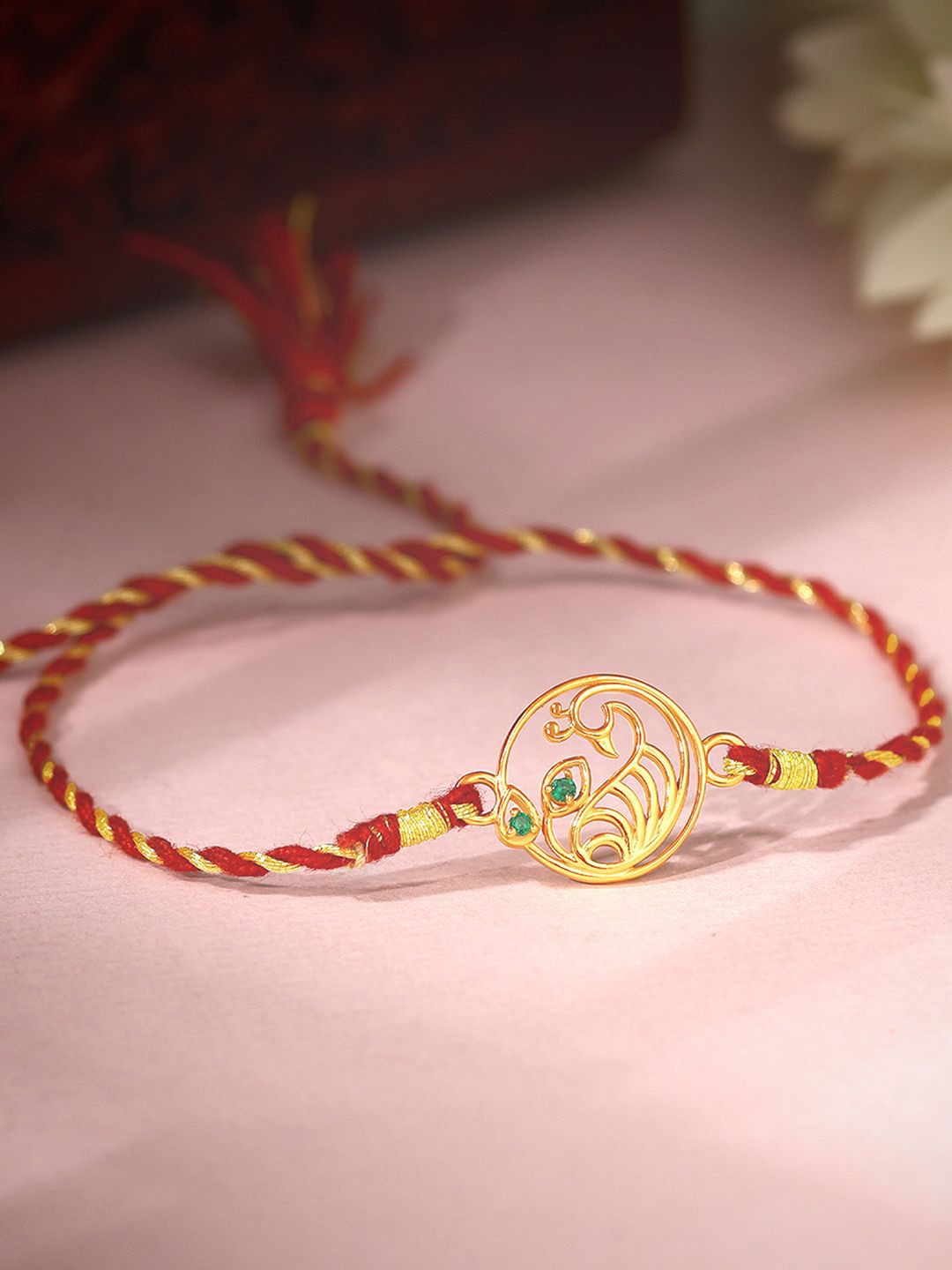 GIVA 925 Silver Gold-Plated Royal Peacock Thread Rakhi With Roli & Chawal